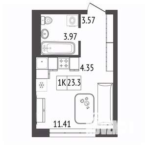 1-к квартира, строящийся дом, 23м2, 2/17 этаж