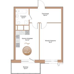 1-к квартира, строящийся дом, 46м2, 2/24 этаж