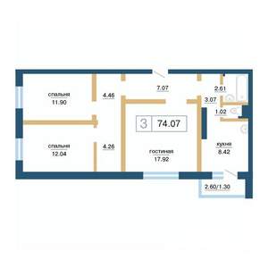 3-к квартира, вторичка, 74м2, 10/17 этаж