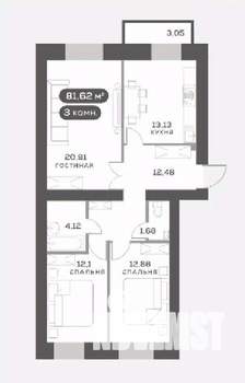 3-к квартира, вторичка, 77м2, 12/15 этаж