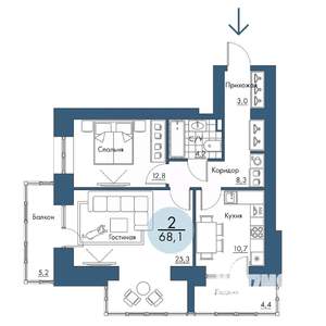 2-к квартира, строящийся дом, 68м2, 9/17 этаж