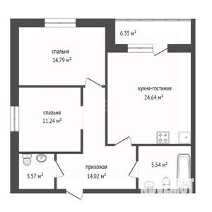 2-к квартира, вторичка, 74м2, 10/16 этаж