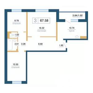 3-к квартира, вторичка, 68м2, 13/17 этаж