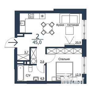 2-к квартира, строящийся дом, 45м2, 20/23 этаж