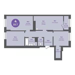 4-к квартира, вторичка, 90м2, 12/24 этаж