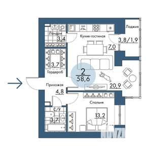 2-к квартира, строящийся дом, 59м2, 7/17 этаж