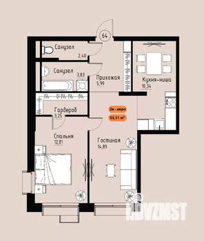 2-к квартира, вторичка, 54м2, 12/17 этаж