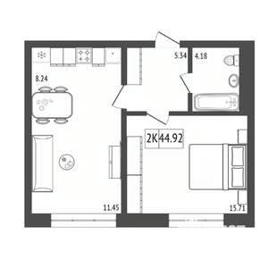 2-к квартира, строящийся дом, 45м2, 2/17 этаж