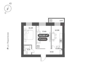 2-к квартира, вторичка, 56м2, 14/16 этаж