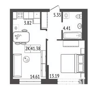 2-к квартира, строящийся дом, 41м2, 6/17 этаж