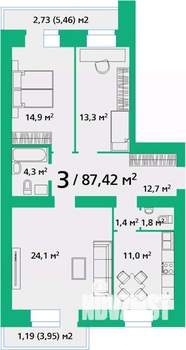 3-к квартира, строящийся дом, 87м2, 6/9 этаж