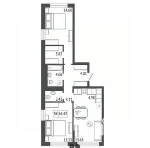 3-к квартира, вторичка, 65м2, 5/17 этаж