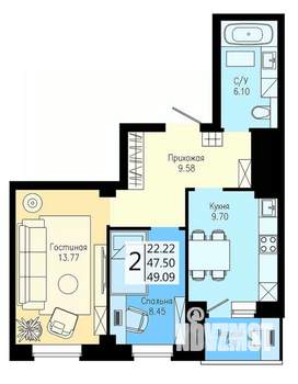 1-к квартира, строящийся дом, 49м2, 24/25 этаж