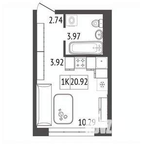 1-к квартира, строящийся дом, 21м2, 17/17 этаж