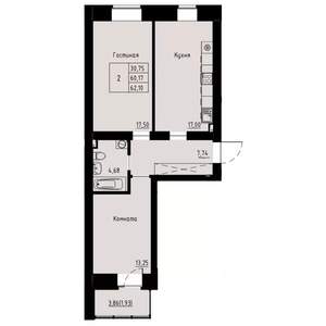 2-к квартира, строящийся дом, 62м2, 2/8 этаж