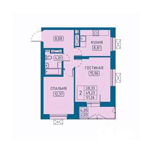 2-к квартира, вторичка, 51м2, 2/20 этаж