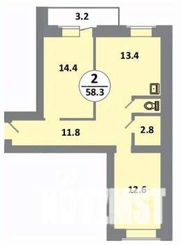 2-к квартира, строящийся дом, 59м2, 4/14 этаж