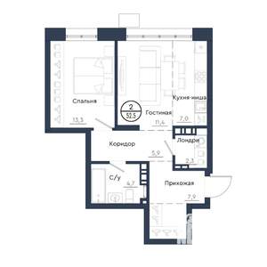 2-к квартира, строящийся дом, 53м2, 20/23 этаж