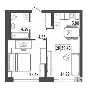 2-к квартира, строящийся дом, 39м2, 2/17 этаж