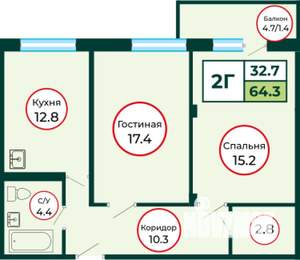 2-к квартира, строящийся дом, 64м2, 5/8 этаж