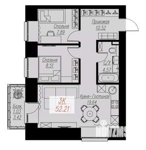 2-к квартира, вторичка, 52м2, 3/17 этаж