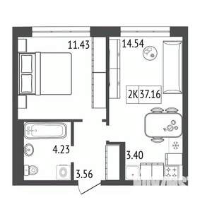 2-к квартира, строящийся дом, 37м2, 8/17 этаж
