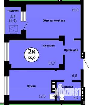 2-к квартира, строящийся дом, 56м2, 2/26 этаж