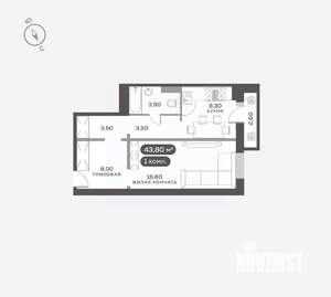 1-к квартира, вторичка, 44м2, 10/17 этаж