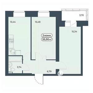 2-к квартира, строящийся дом, 56м2, 9/9 этаж