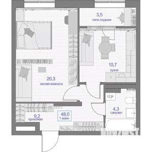 1-к квартира, вторичка, 48м2, 3/24 этаж