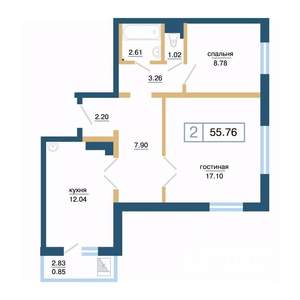 2-к квартира, вторичка, 56м2, 12/17 этаж