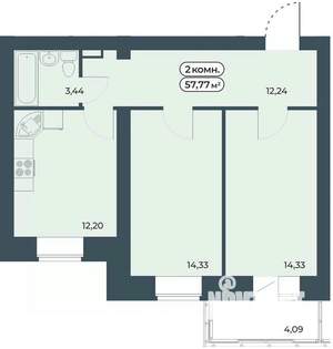 2-к квартира, строящийся дом, 58м2, 4/9 этаж