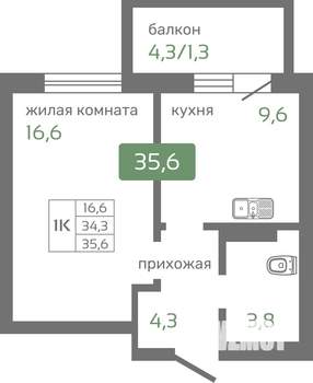 1-к квартира, строящийся дом, 35м2, 10/19 этаж