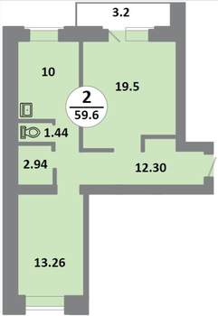 2-к квартира, строящийся дом, 59м2, 14/14 этаж