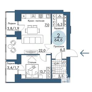 2-к квартира, строящийся дом, 65м2, 16/17 этаж
