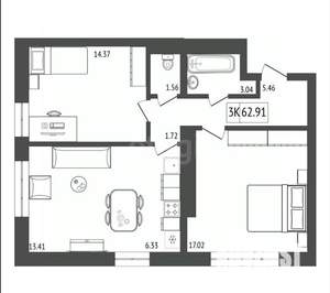 3-к квартира, строящийся дом, 63м2, 13/17 этаж
