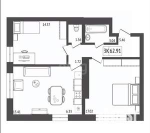 3-к квартира, вторичка, 63м2, 8/17 этаж