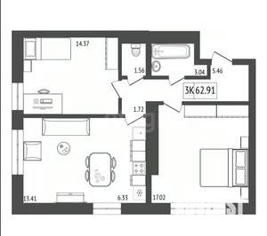 3-к квартира, строящийся дом, 63м2, 5/17 этаж