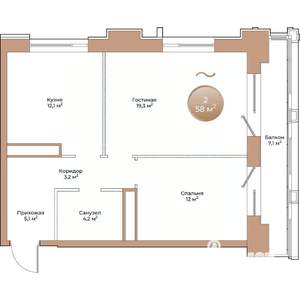 2-к квартира, строящийся дом, 58м2, 7/24 этаж