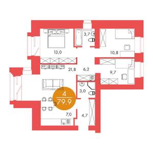 4-к квартира, строящийся дом, 80м2, 2/17 этаж