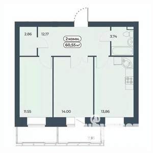2-к квартира, строящийся дом, 61м2, 5/9 этаж
