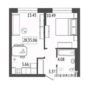 2-к квартира, строящийся дом, 35м2, 2/17 этаж