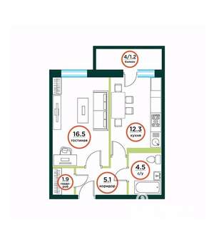 1-к квартира, сданный дом, 42м2, 3/8 этаж