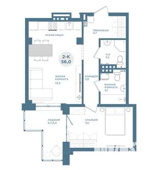 2-к квартира, вторичка, 56м2, 12/19 этаж