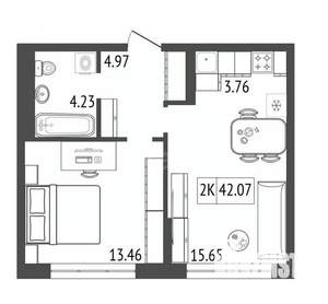 2-к квартира, вторичка, 42м2, 6/17 этаж