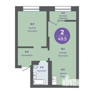 2-к квартира, вторичка, 46м2, 16/25 этаж