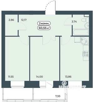 2-к квартира, строящийся дом, 61м2, 5/9 этаж