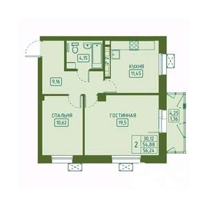 2-к квартира, вторичка, 56м2, 2/23 этаж