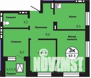 3-к квартира, строящийся дом, 57м2, 3/19 этаж