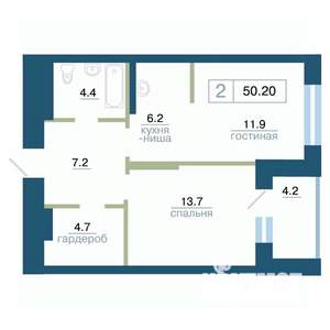 2-к квартира, строящийся дом, 50м2, 20/24 этаж